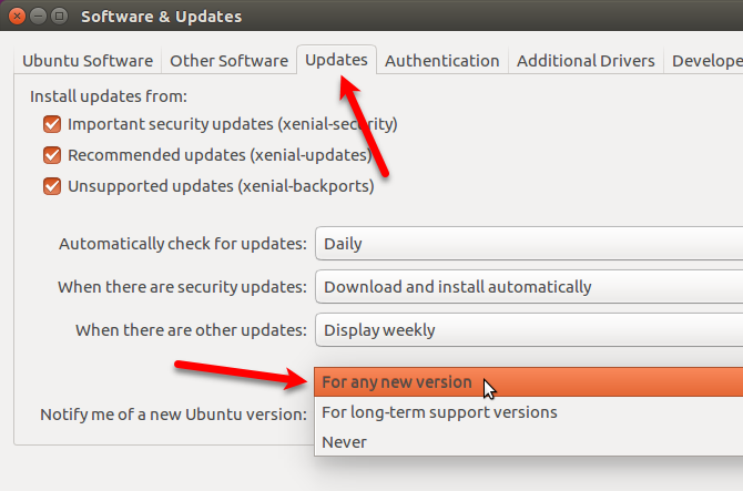 Cambie la configuración para recibir notificaciones de cualquier nueva versión de Ubuntu