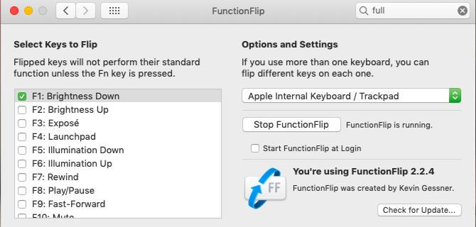 Panel de configuración para la aplicación FunctionFlip en macOS