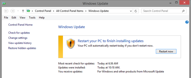 9.2 actualización de Windows - reiniciar PC