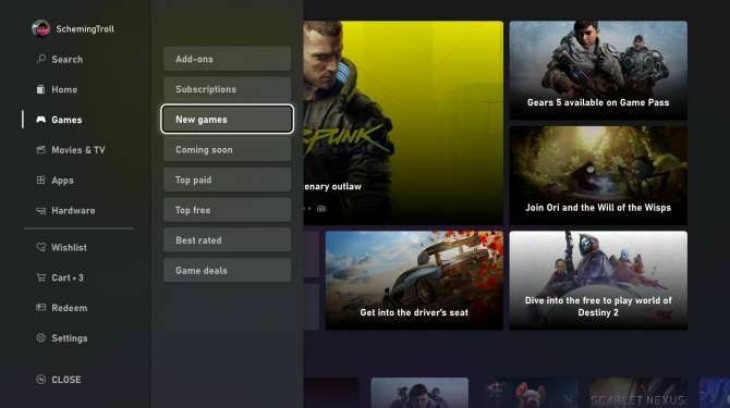 El menú de navegación para la nueva Microsoft Store en Xbox