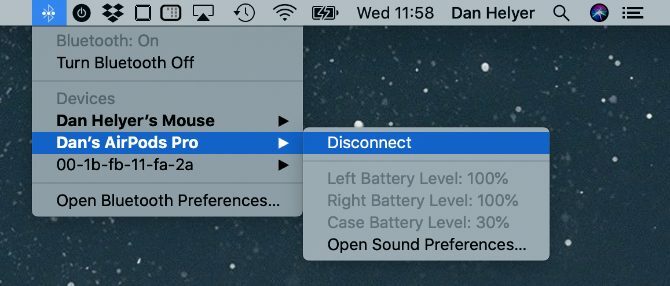 Nivel de batería de los AirPods en el menú Bluetooth de macOS