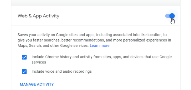 Deshabilitar el seguimiento de la aplicación web en Actividades de Google