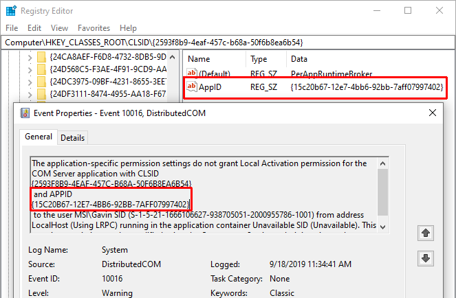 error dcom 10016 coincidencia de registro de windows APPID