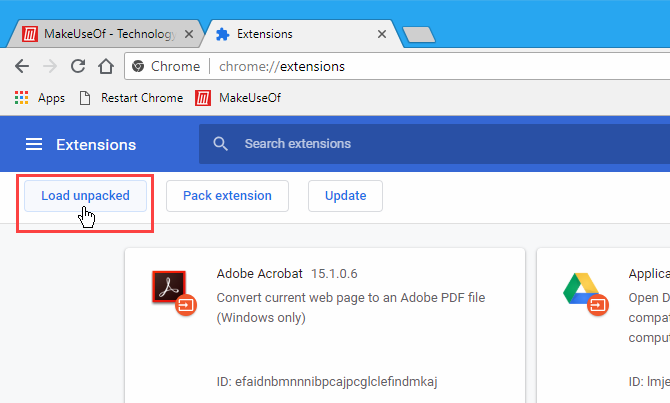 Haga clic en Cargar desempaquetado para instalar una extensión en Chrome