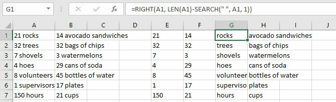 Números y texto separados de Excel con las funciones IZQUIERDA y BÚSQUEDA