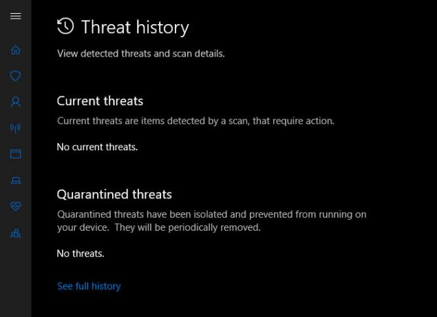 Historial de amenazas de Windows Defender