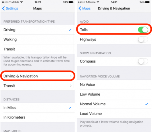 Función iOS 10 Evita peajes en las instrucciones