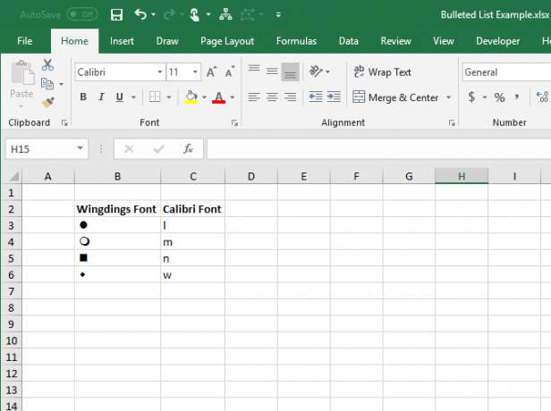 Letras en la fuente Calibre y los símbolos equivalentes en la fuente Wingdings en Excel