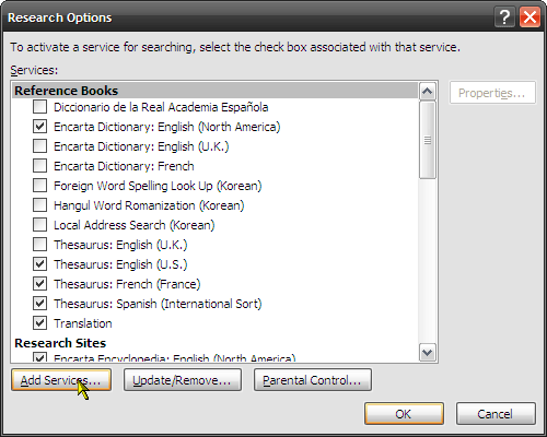 Cómo hacer uso de la función de investigación en Microsoft Word 2007 4 agregar servicios