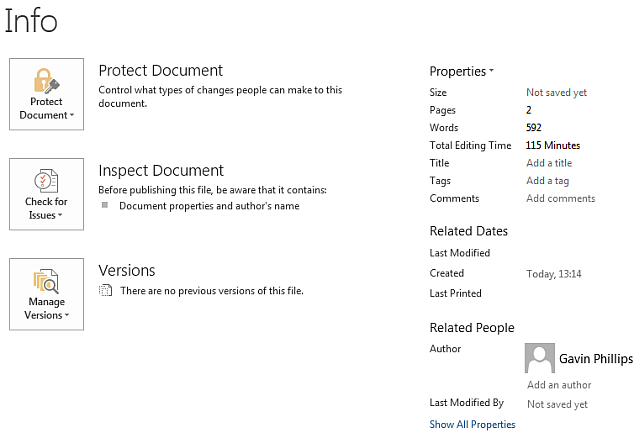 Información del documento de Microsoft Word 2013