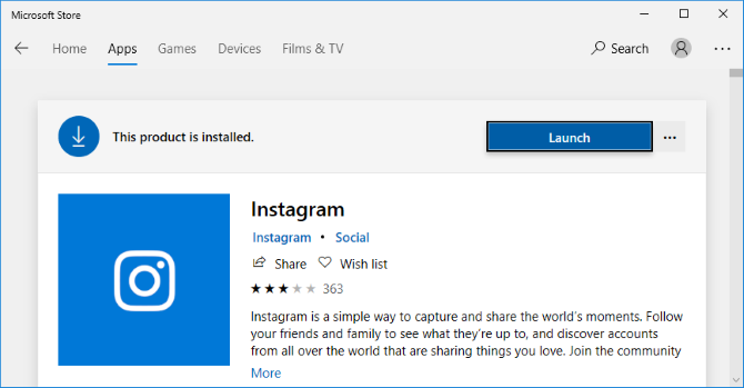 Instagram en la tienda de Microsoft