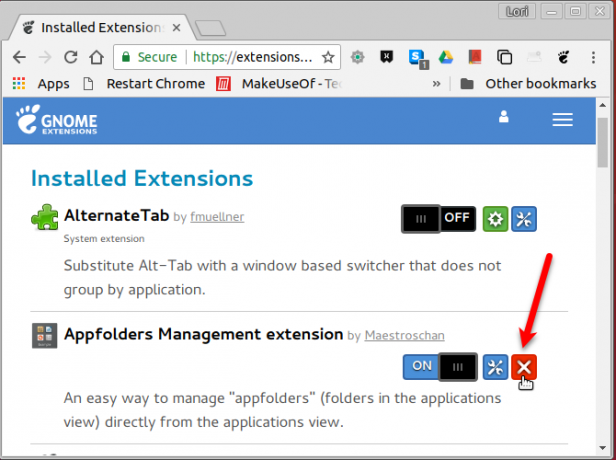 Desinstalar una extensión en el sitio web de Extensiones de GNOME