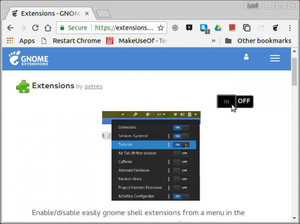 Active una extensión en el sitio web de extensiones de GNOME en Chrome