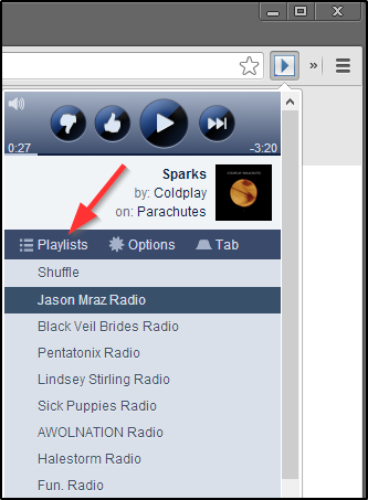 SoundControl Beta para Pandora: desplegable con listas de reproducción