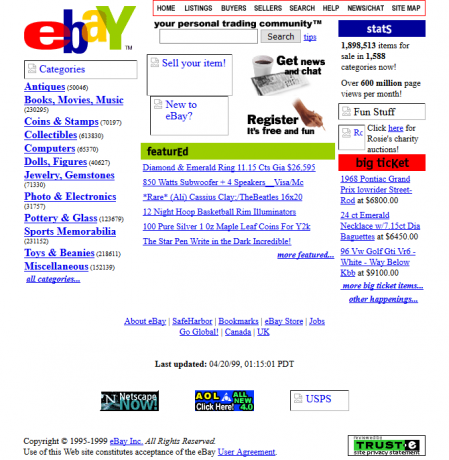 Una captura de pantalla de eBay en 1999