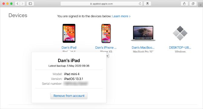 Sitio web de ID de Apple con número de serie de iPad