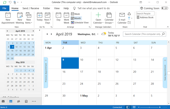 pestaña calendario de Outlook