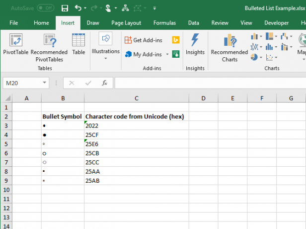 Símbolos de viñeta y códigos de caracteres en hexadecimal en Excel