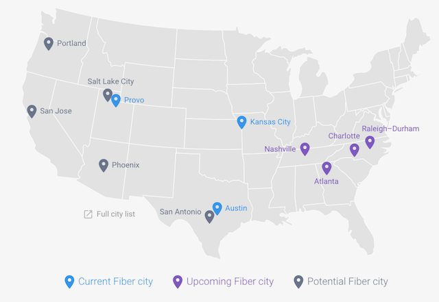 Un mapa de las ciudades actuales y futuras de Estados Unidos con "Fiber to Home" de Google