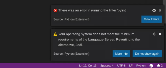 Errores de extensión de Python en Code-OSS