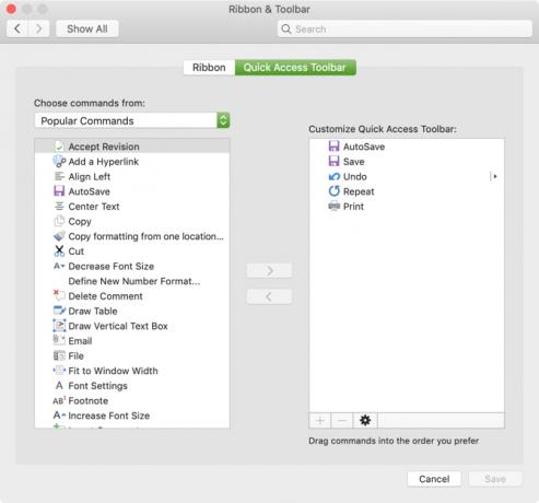 Configuración de barra de herramientas de acceso rápido Mac