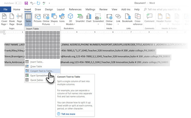 Microsoft Word Convertir texto a tabla