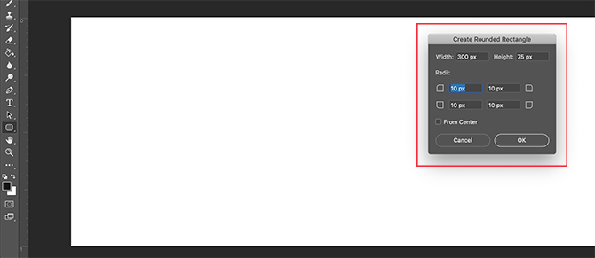 Ajuste de la configuración de la herramienta Rectángulo redondeado en Photoshop