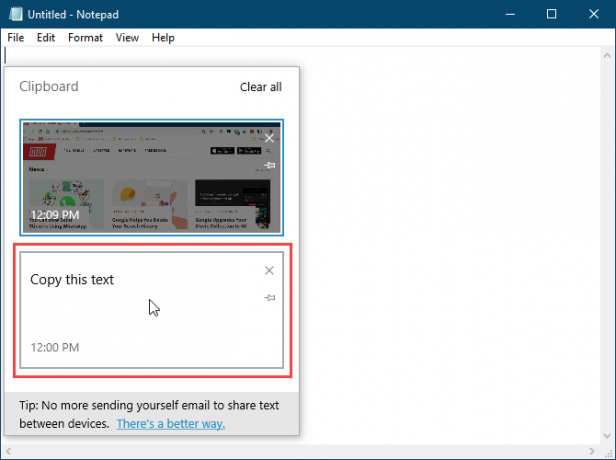 Haga clic en un elemento del portapapeles para pegarlo en el Bloc de notas en Windows 10