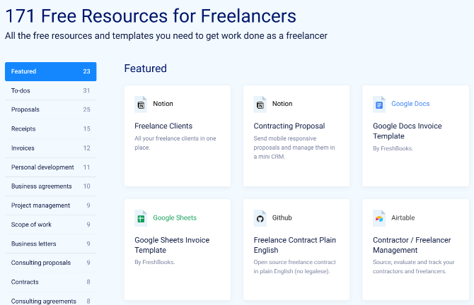 FYI ofrece plantillas gratuitas que los freelancers necesitan para diferentes aplicaciones y diferentes situaciones, como facturación, contratos, acuerdos, etc.