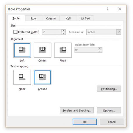 Propiedades de la tabla de Microsoft Word