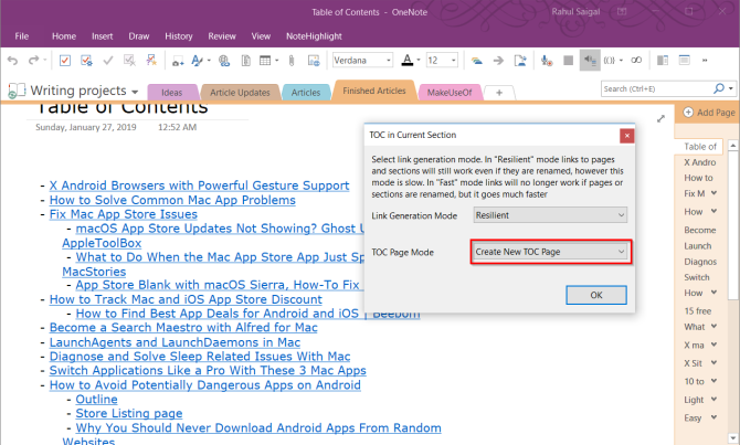 tabla de contenido macro con onetastic