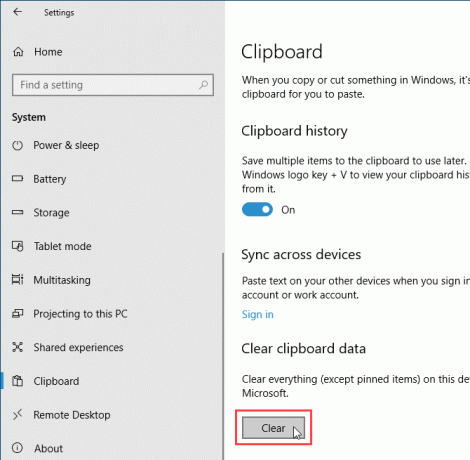 Borrar el historial del portapapeles con la configuración de PC en Windows 10