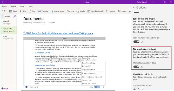 datos adjuntos en la nube en OneNote para Windows 10