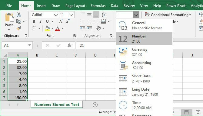 Convierta texto a número en Excel a través del menú de la cinta de opciones.