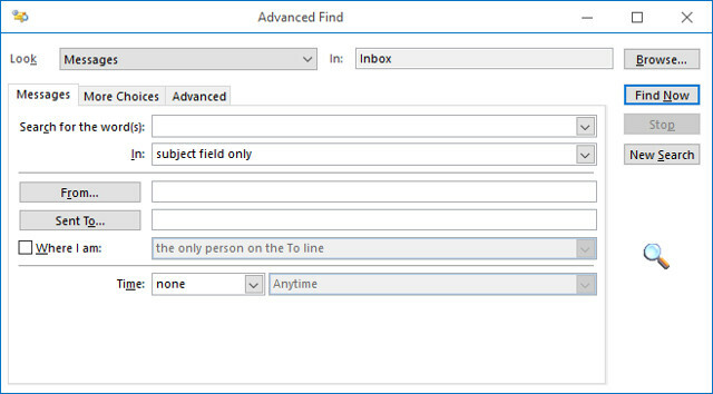 Interruptor de comando de búsqueda avanzada de Windows 10 Outlook