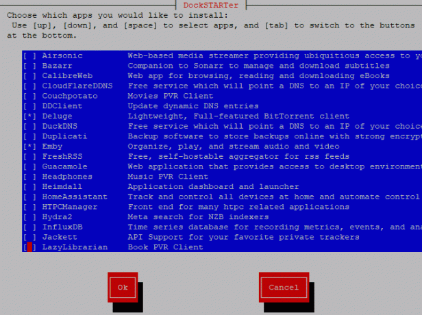 Menú de configuración de instalación de aplicaciones Dockstarter