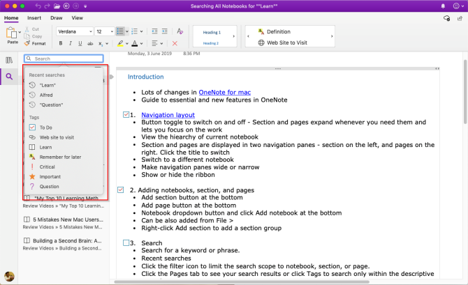 buscar notas en OneNote Mac