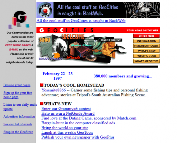 Captura de pantalla del sitio web de GeoCities en 1997