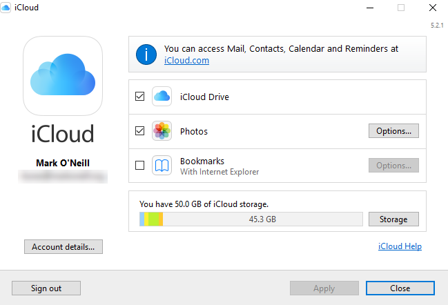 Captura de pantalla de configuración del panel de control de iCloud