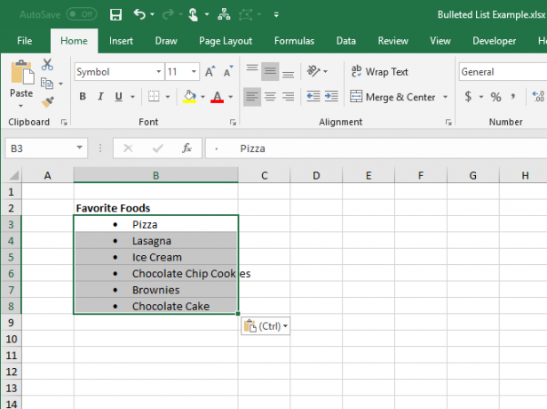 Lista con viñetas copiada de Word a varias celdas en Excel