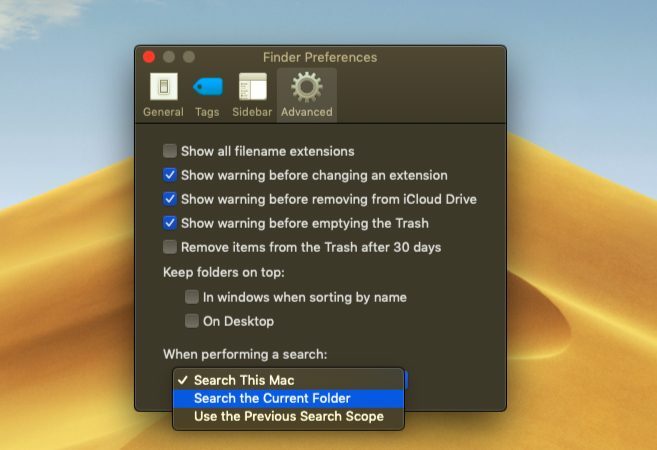 Configurar opciones de búsqueda personalizadas en macOS Finder