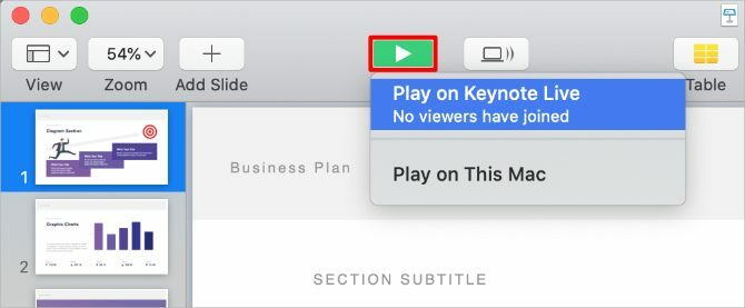 Botón Keynote Play con la opción Keynote Live