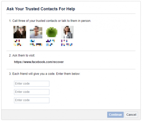 Solicite ayuda a contactos de confianza para recuperar la cuenta de Facebook.