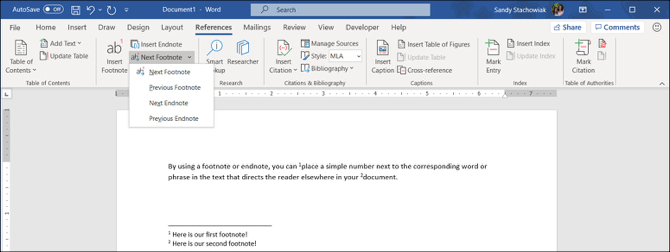 Botón de nota al pie siguiente en Word