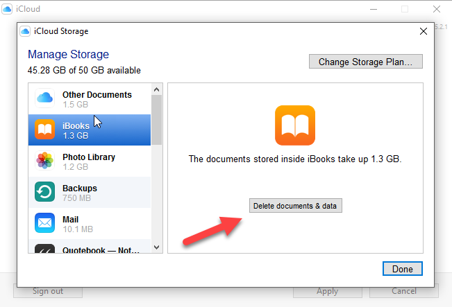 Captura de pantalla de iCloud Control Panel Manage Storage