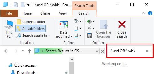 opciones de búsqueda de extensión de archivo de borrador de microsoft office