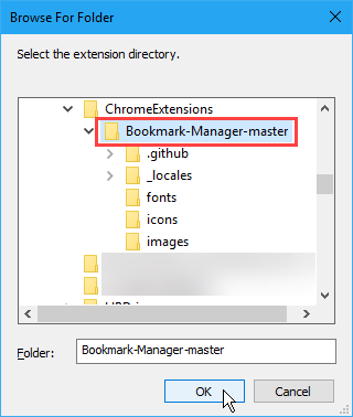 El cuadro de diálogo Buscar carpeta para seleccionar la carpeta de una extensión para instalarla en Chrome
