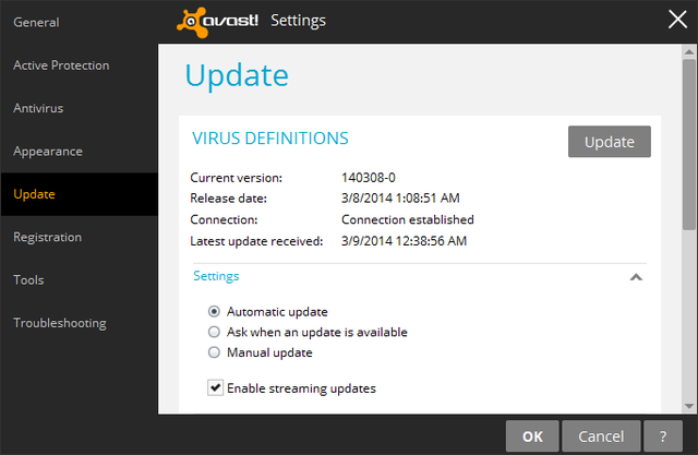 Avast - Configuración - Actualización