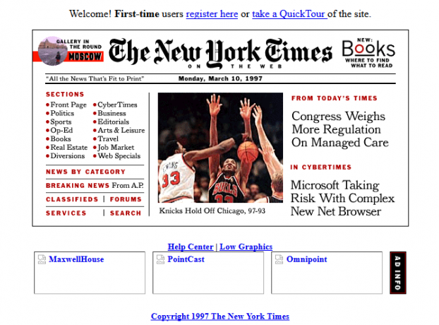 Captura de pantalla del sitio web del New York Times en 1997