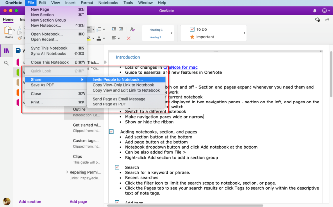 compartir y colaborar en OneNote Mac